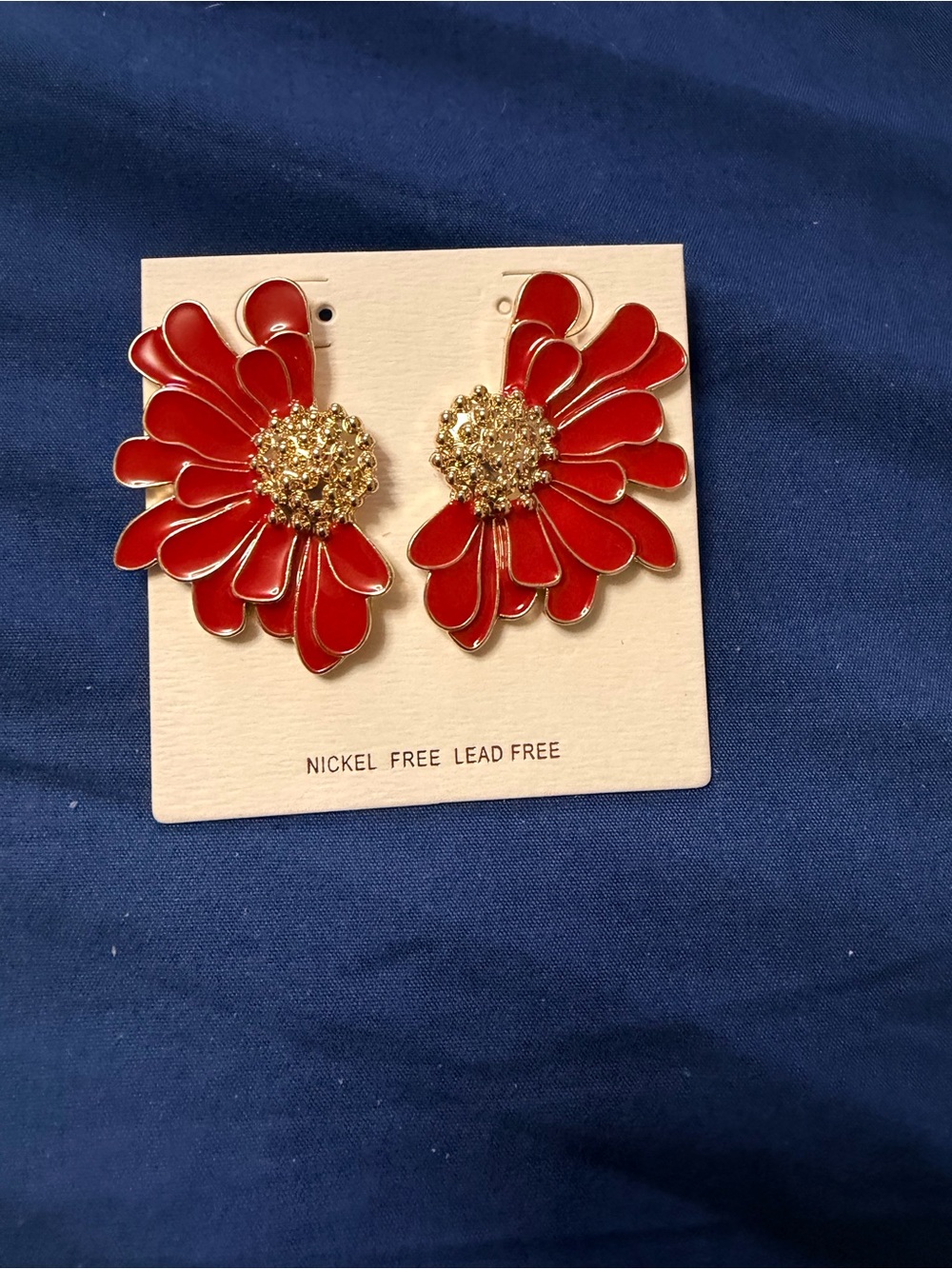 Red Flower Statement Earrings - Gold Center